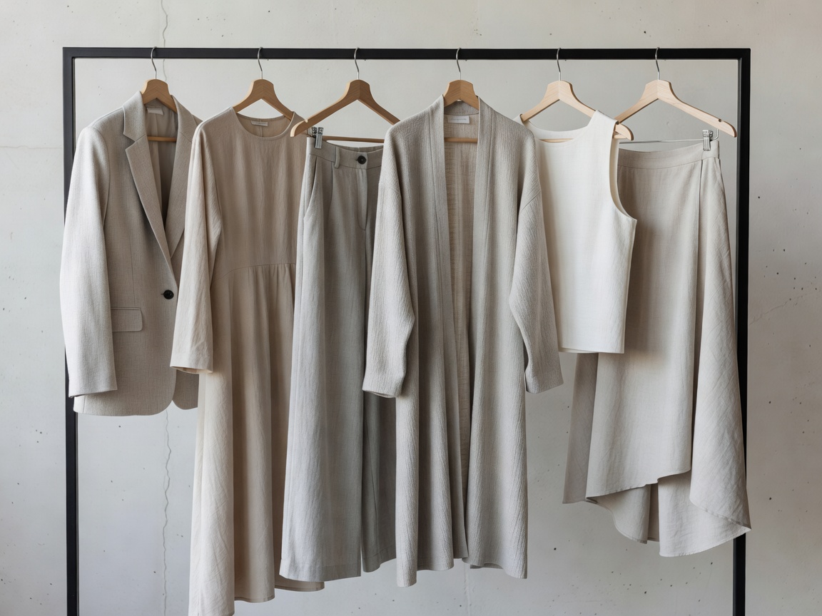 Capsule wardrobe of minimalist recycled-fabric garments hung together