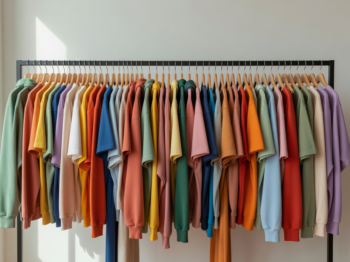 Colourful organic cotton streetwear essentials on hangers