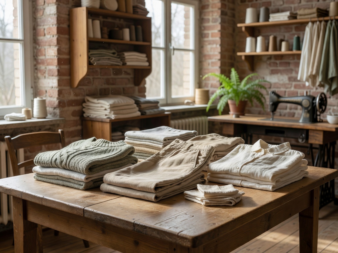 Folded organic cotton garments on a wooden table in a German sustainable fashion studio