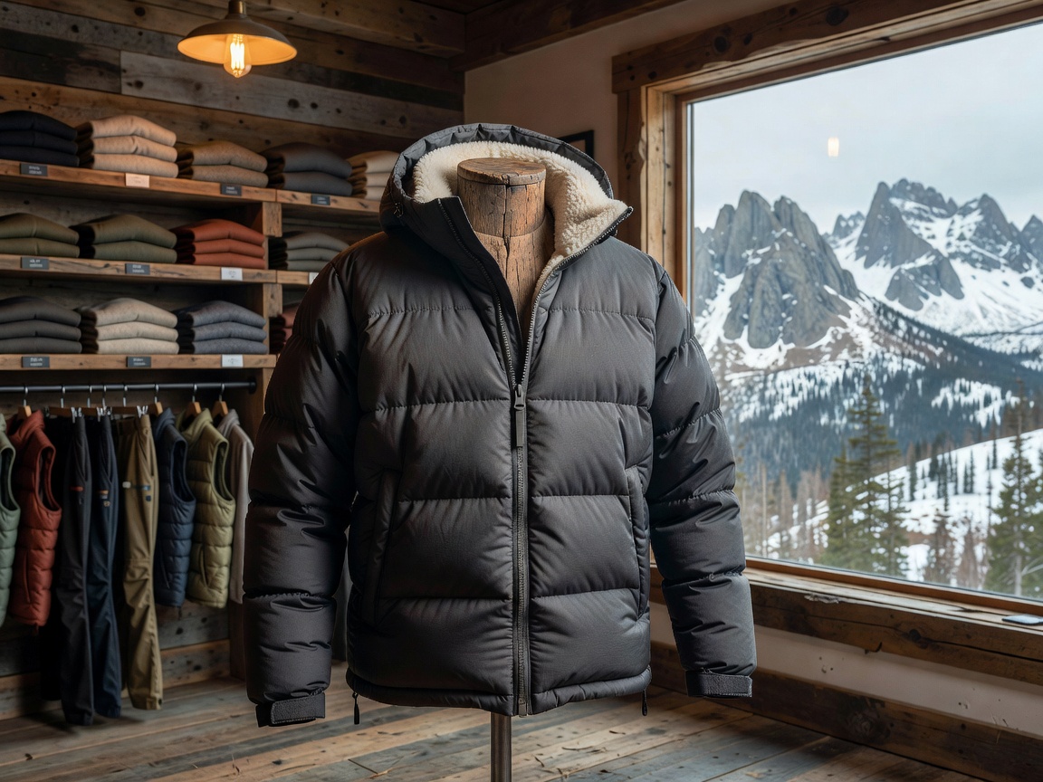 Insulated outdoor jacket on display in a mountain apparel store