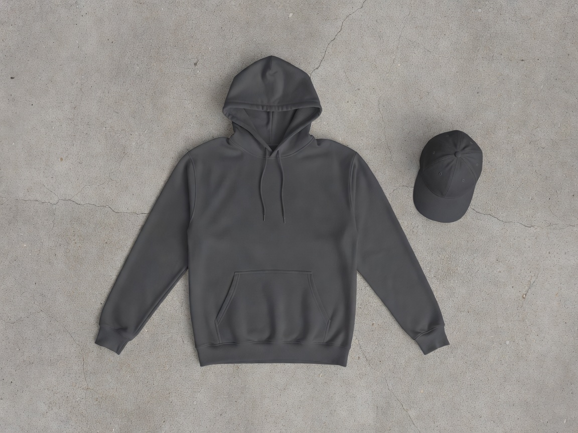 Minimal streetwear hoodie and cap laid flat on concrete