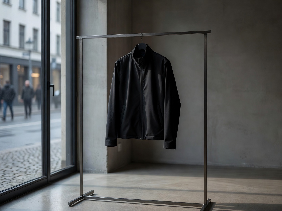 Minimal streetwear silhouette jacket on a rack in Berlin