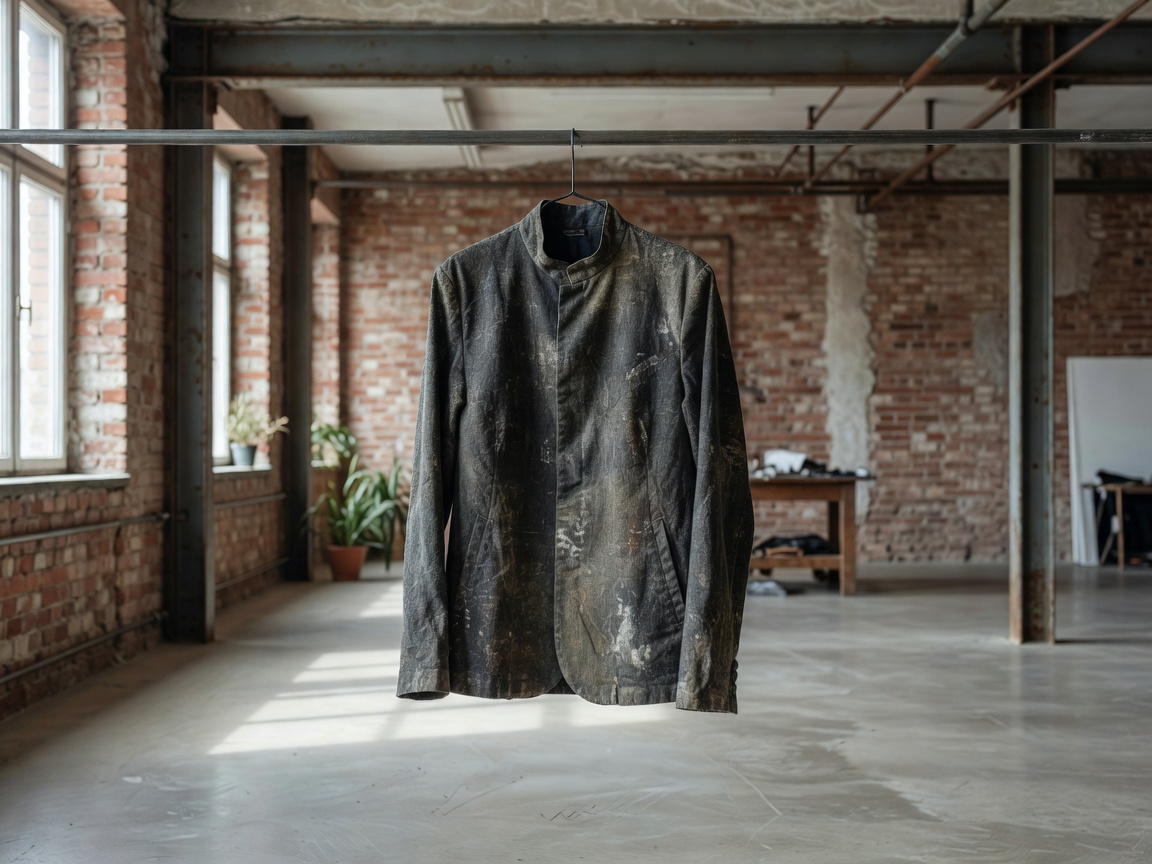 Minimalist recycled fabric jacket on a rack in a Berlin studio