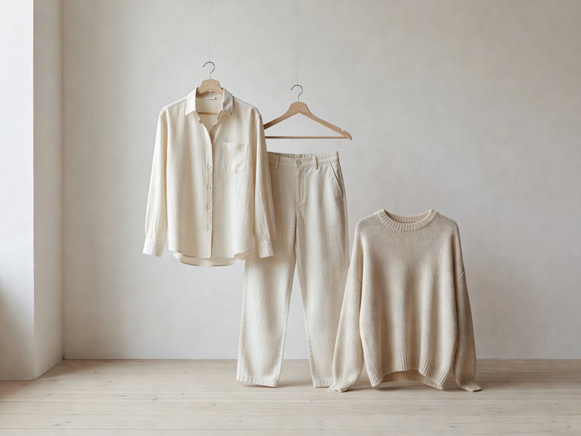 Natural undyed organic cotton garments in a hessnatur style catalogue layout