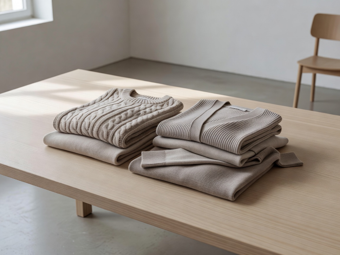 Neutral tone minimalist knitwear folded in a Cologne studio