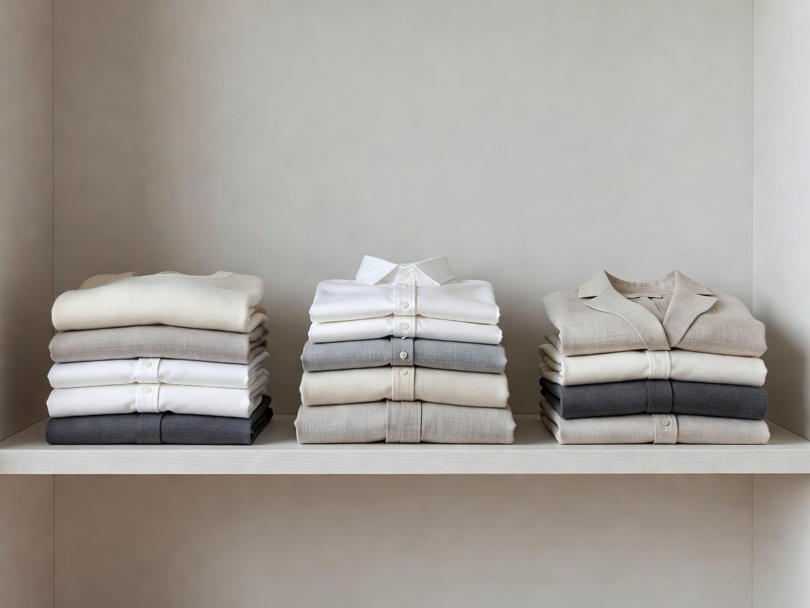 Neutral tone minimalist wardrobe capsule folded on a shelf