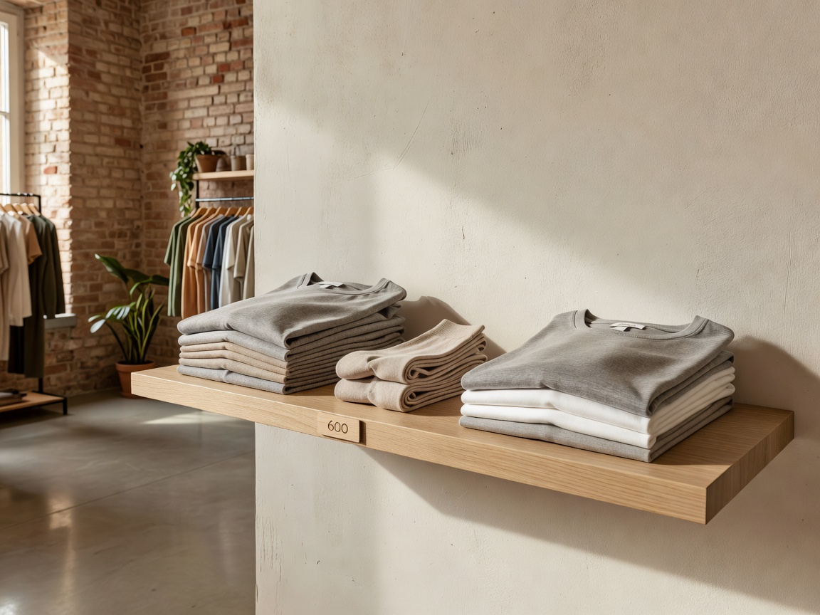 Organic cotton basics folded on a shelf in a Cologne sustainable fashion showroom