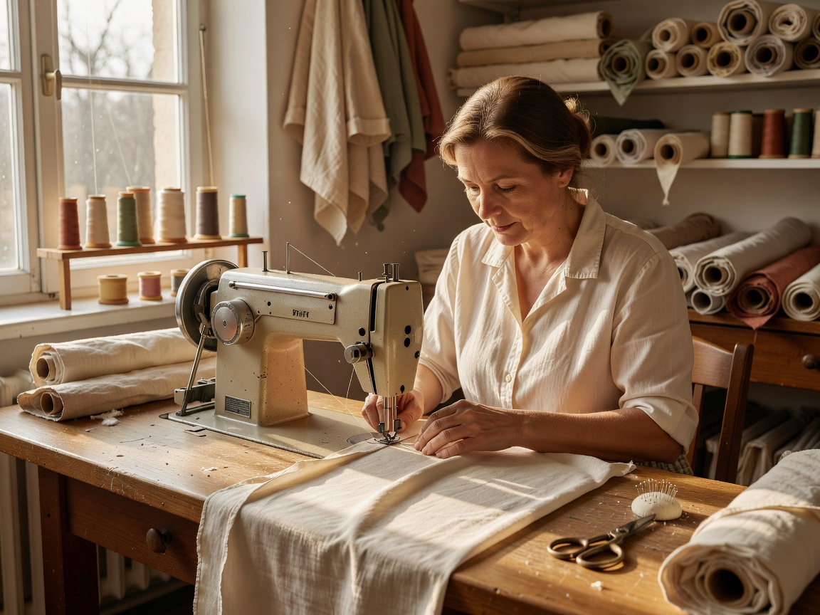 Organic cotton fabric being sewn in a domestic German workshop
