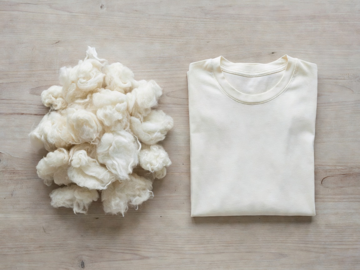 Raw organic cotton fibre and a finished t-shirt side by side