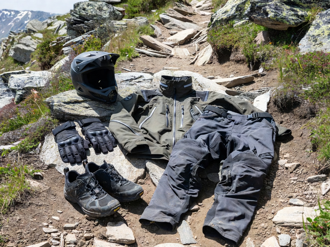 Technical cycling and freeride apparel laid out on an alpine trail