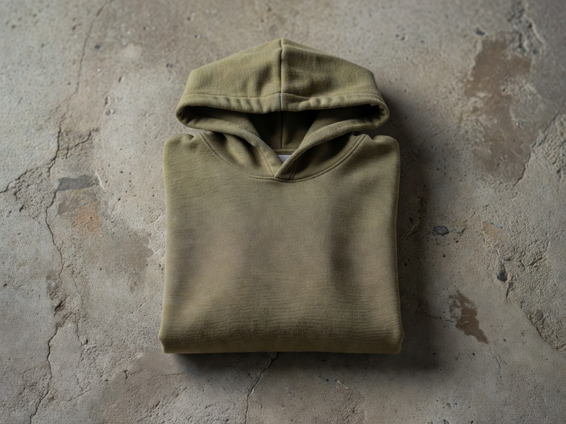 Vegan hemp streetwear hoodie folded on a concrete surface
