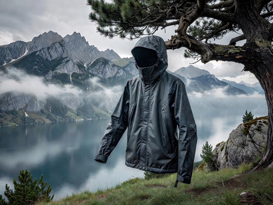 Waterproof hiking jacket hanging near Lake Constance mountains
