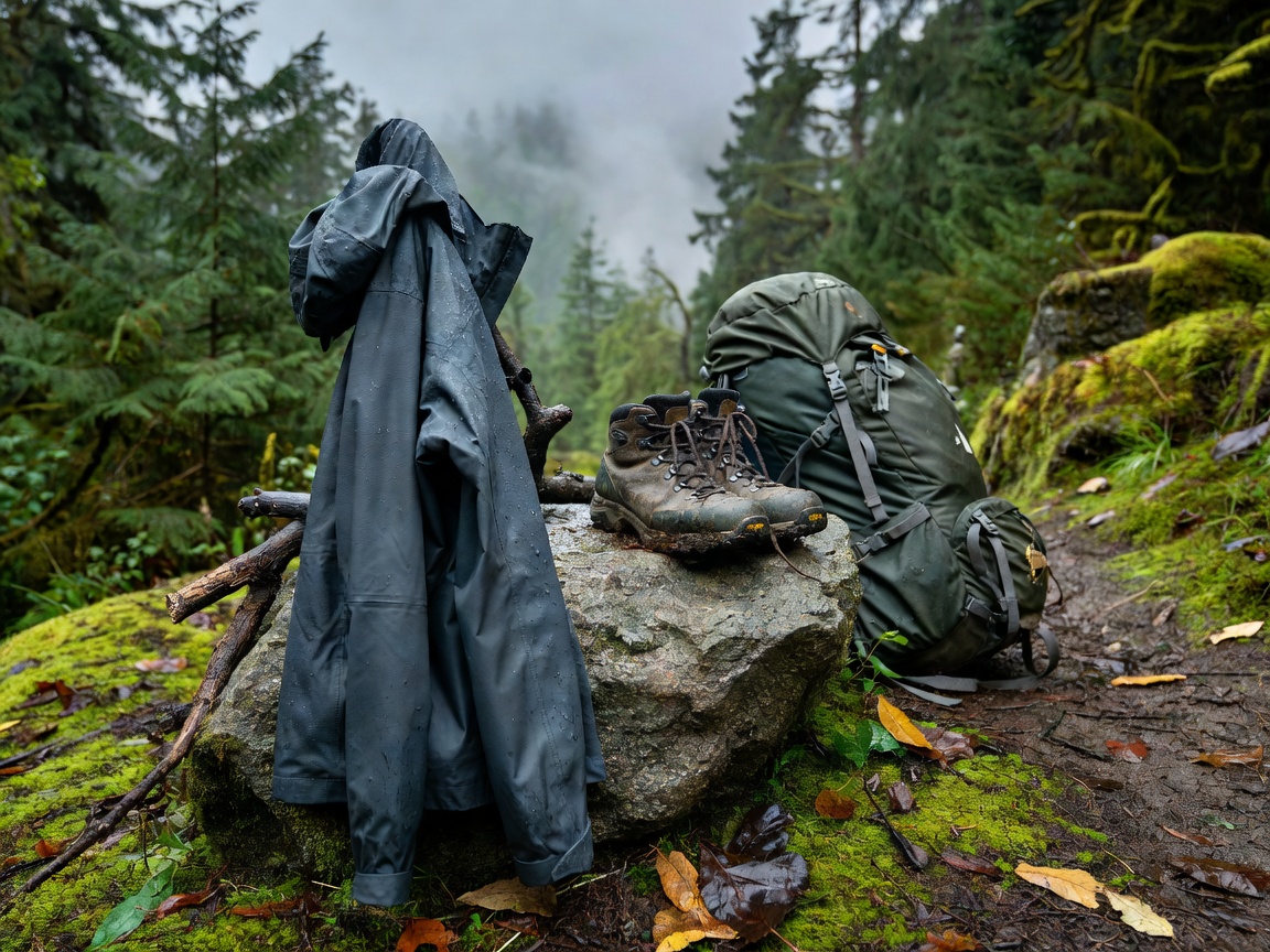 Waterproof outdoor jacket hanging near hiking boots and a backpack